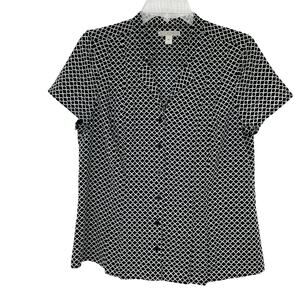 DANA BUCHMAN Women's Blouse M Black White Geometric Short Sleeve Button Down